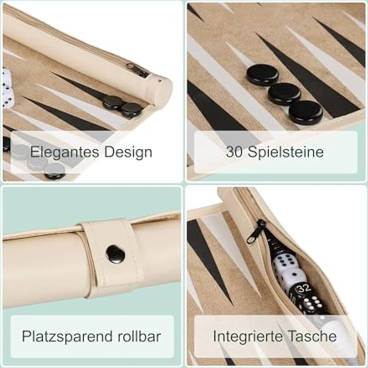 Relaxdays Reise-Backgammon, Brettspiel in beiger Lederoptik mit integrierter Tasche, leicht rollbar und platzsparend – Bild 5