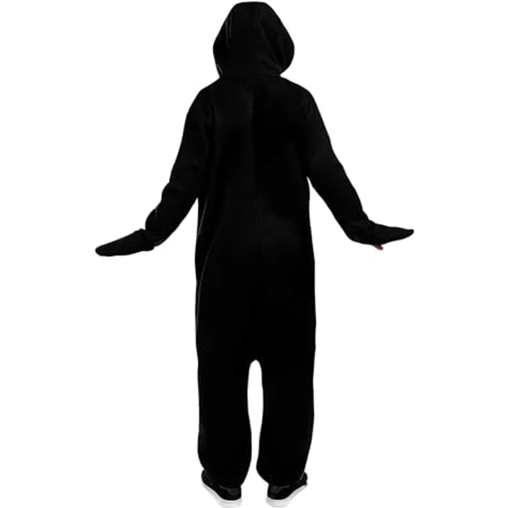 Metamorph Pinguin Onesie Kostüm, flauschiger Einteiler mit angenähter Kapuze und Reißverschluss, Größe L und M – Bild 2