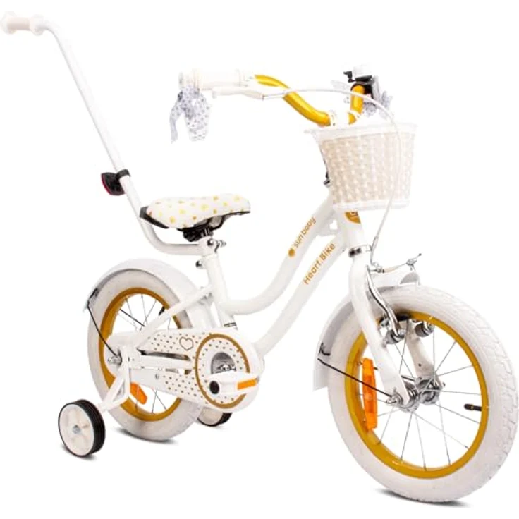sun baby Mädchenfahrrad 14 Zoll Radgröße Heart Bike, mit Abnehmbarer Schubstange, für Mädchen von 2 bis 6 Jahre (Weißgold) – Bild 1