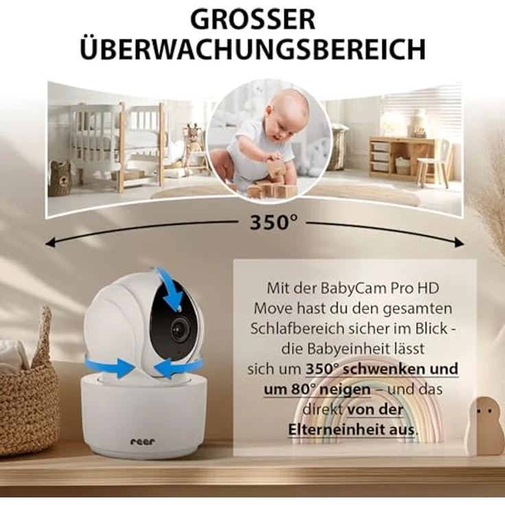 Reer BabyCam XL Move, digitales Video-Babyphone mit 4,3" TFT-Bildschirm, abhörsicherer FHSS-Technologie, 300m Reichweite, schwenk- & neigbarer Kamera, Nachtsicht, Gegensprechfunktion, weiß – Bild 5