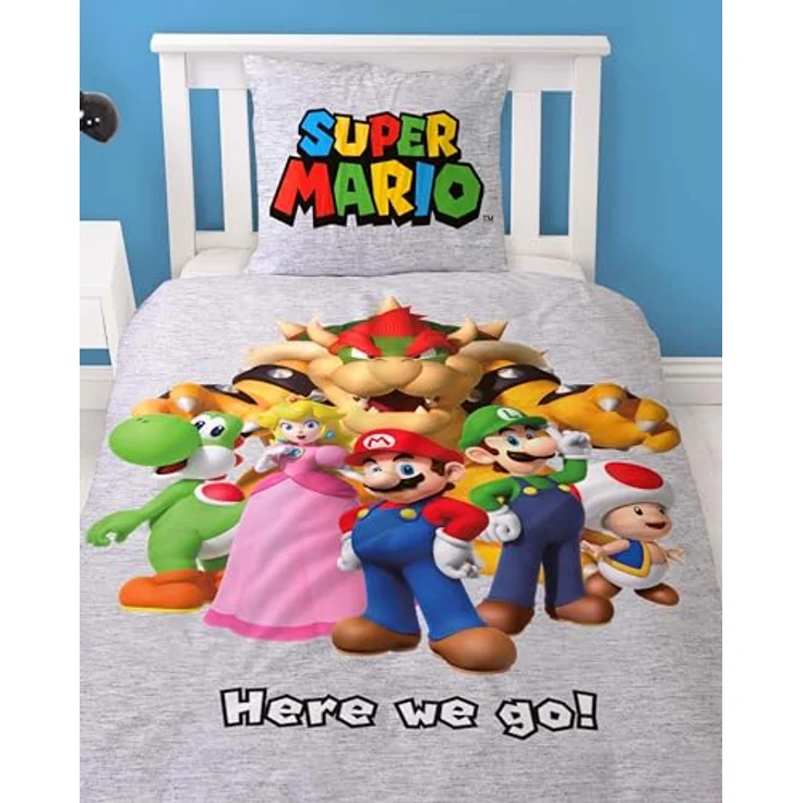 Bettwäsche 135x200 Flanell, Biber, Nintendo Super Mario, kuschelig weich für Winter, 1x Kissenbezug 80x80 + Bettbezug 135x200, 100% Baumwolle, Kinderbettwäsche Gaming – Bild 1