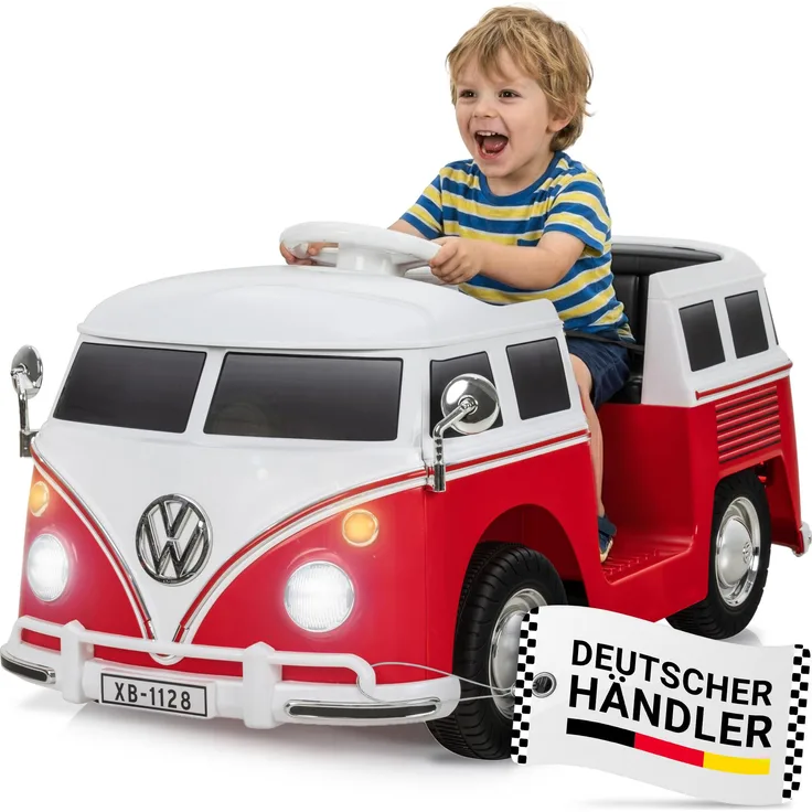 Actionbikes Motors VW Bus T1 Kinder Elektroauto, Camper-Spielzeugauto mit Fernbedienung, LED-Scheinwerfern und Bluetooth/MP3, rot
