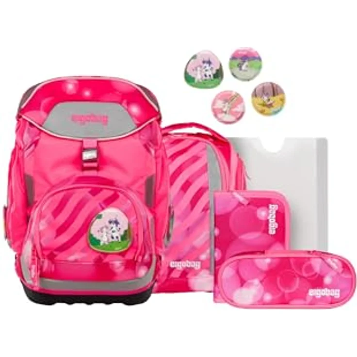 ergobag pack Set, ergonomischer Schulrucksack 6-teilig für 1. Klasse mit individuellem Design, inkl. Sportrucksack und gefülltem Federmäppchen, blau – Bild 1