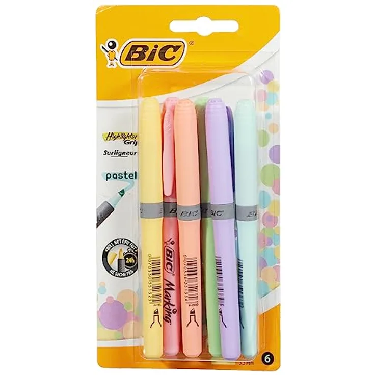 BIC Highlighter Grip Pastellmarker mit abgeschrägter Spitze, mehrfarbig, 1 Stück (6er Pack)
