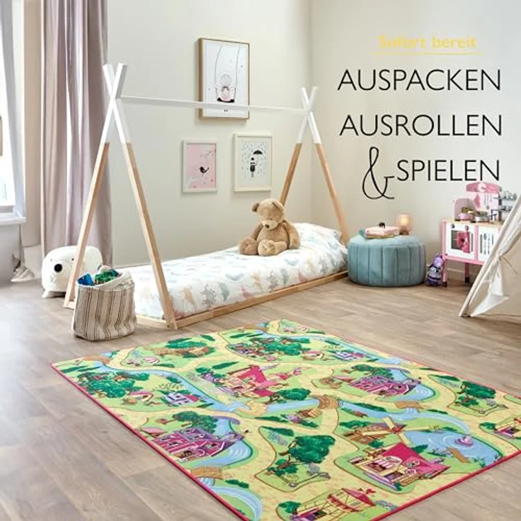 Carpet Studio Teppich Kinderzimmer Candy Town 95x200cm, Antirutschspielteppich für Baby- und Spielzimmer, 30°C waschbar, 100% Polyamid – Bild 5