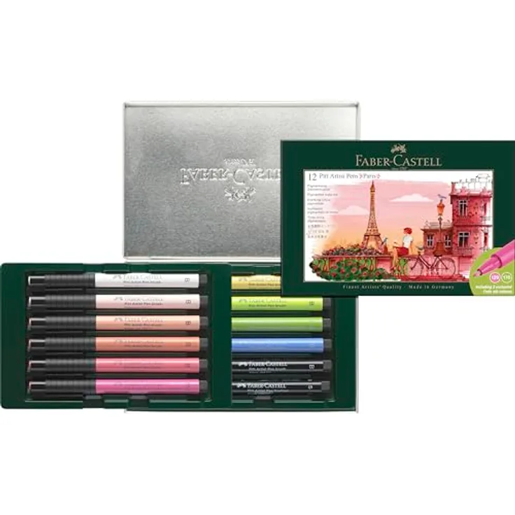 OTTO Pitt Artist Pen Tuschestift, Geschenkset Paris, 12-teilig, wasserfeste Filzstifte mit flexibler Pinselspitze