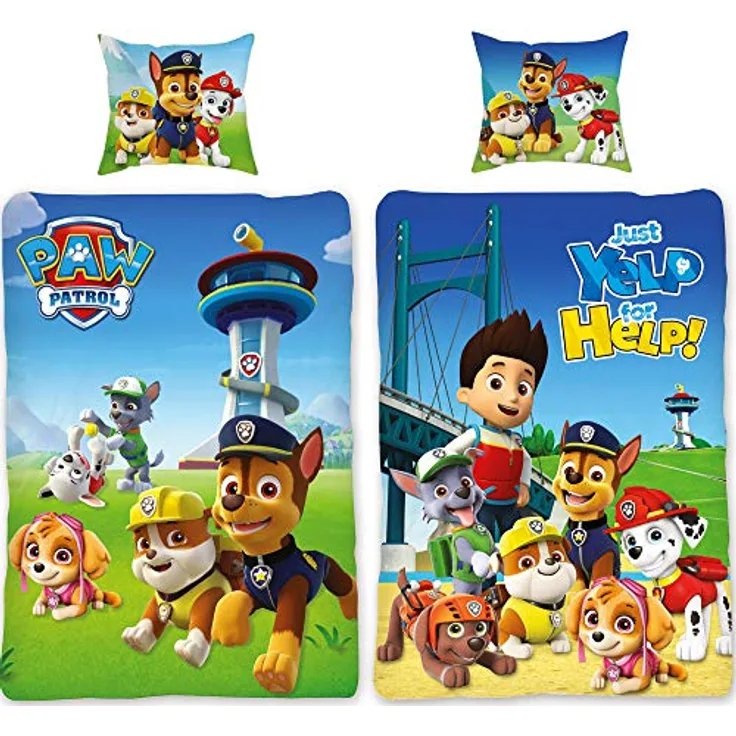 BERONAGE Paw Patrol Bettwäsche Team Blau 135 cm x 200 cm + 80 cm x 80 cm 100% Baumwolle Renforcé-Linon-Qualität Chase Marshall Rocky Zuma Rubble Skye Ryder Wende-Bettwäsche deutsche Größe Reißverschuss