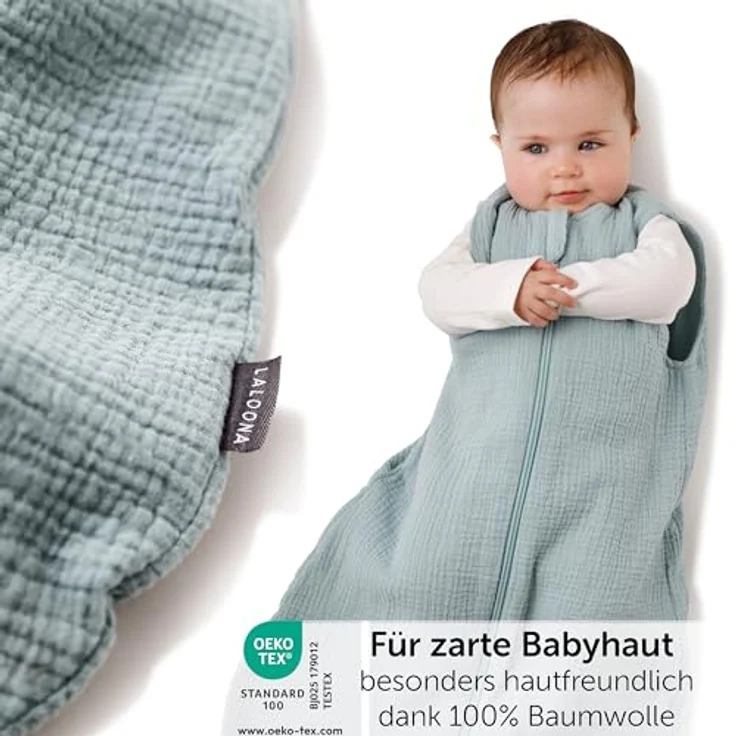 LaLoona Baby Mull Schlafsack 0.5 TOG/Sommerschlafsack ohne Ärmel, ÖKO-TEX Standard 100, 100% Baumwolle - Mint (70 cm) – Bild 3