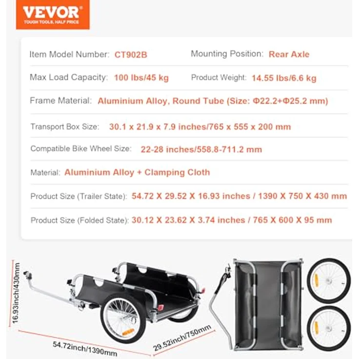 VEVOR Fahrradanhänger CT902B, 45 kg Tragkraft, faltbar, mit Universalkupplung und 41 cm Rädern, sichere Reflektoren, passend für 558,8-711,2 mm Fahrradräder – Bild 7