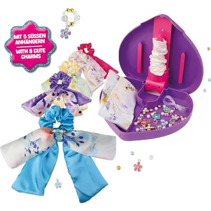 Lena® Kreativset Scrunchies Designer, Komplettset mit elastischem Textil, Gummiband, Accessoires und Nähmaterial, inklusive Herzaufbewahrungsbox – Bild 2