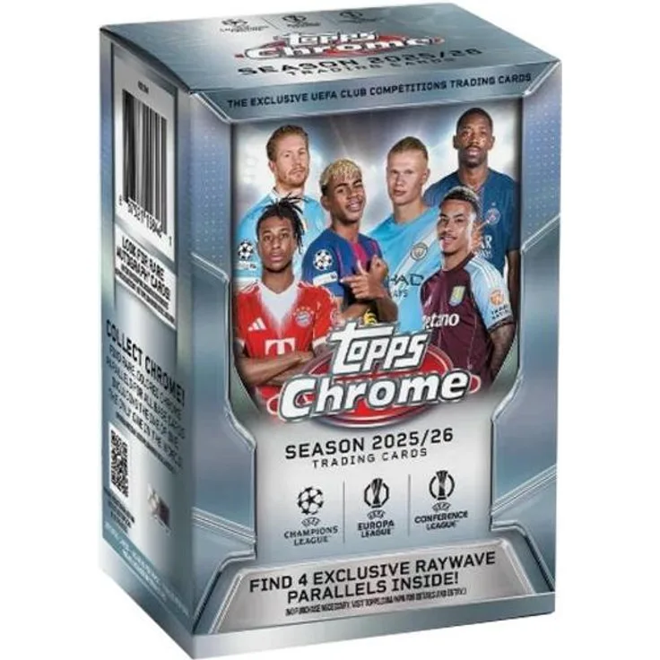 Topps 2025/26 Chrome UEFA Club Competitions Value Box, Sammelkarten mit glänzenden Designs und Chance auf Autogramme
