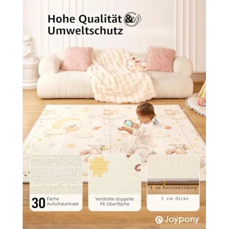 Joypony Krabbelmatte Baby 150x180 cm, Faltbare Spielmatte, Wasserdicht & Rutschfest mit Tragetasche – Ideal für Babys & Kleinkinder-Kaninchen – Bild 3