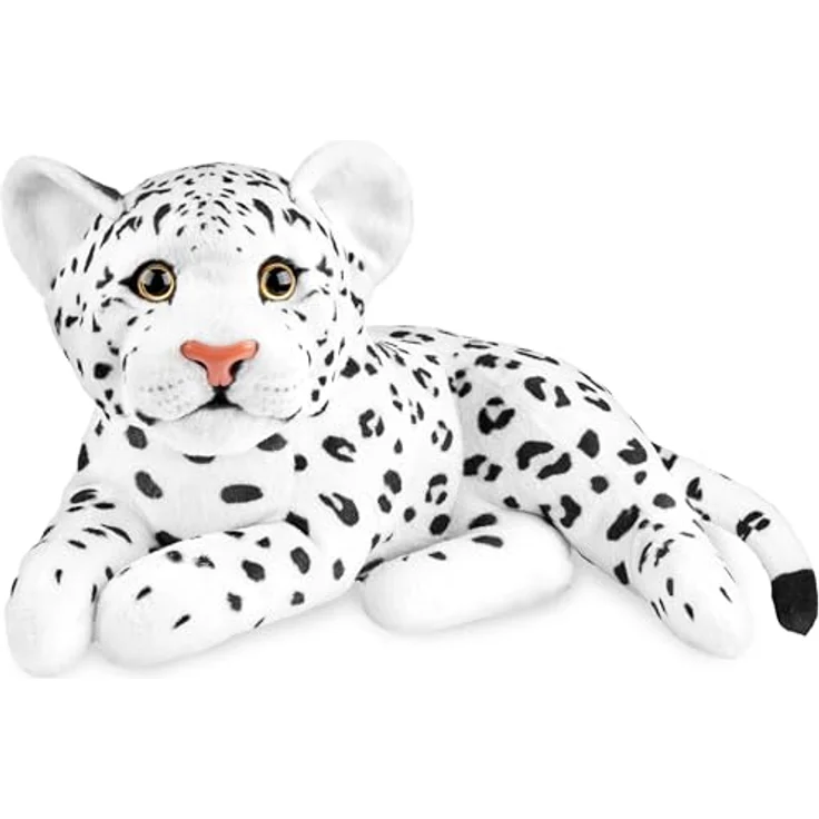 BRUBAKER Leopard Kuscheltier - 30 cm Stofftier - Baby Plüschtier Raubkatze Liegend - Kinder Plüsch Spielzeug - Weiß – Bild 1