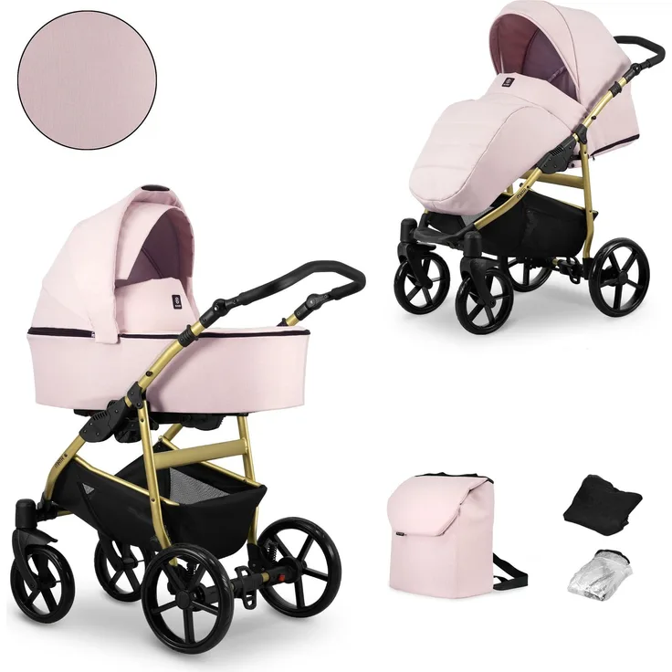 Kunert MATA 2in1 Kinderwagen, Kombikinderwagen in Pink mit Goldrahmen, inklusive Tragetasche und Sportwagenaufsatz