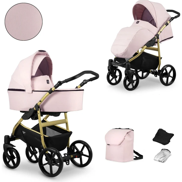 Kunert MATA 2in1 Kinderwagen, Kombikinderwagen in Pink mit Goldrahmen, inklusive Tragetasche und Sportwagenaufsatz
