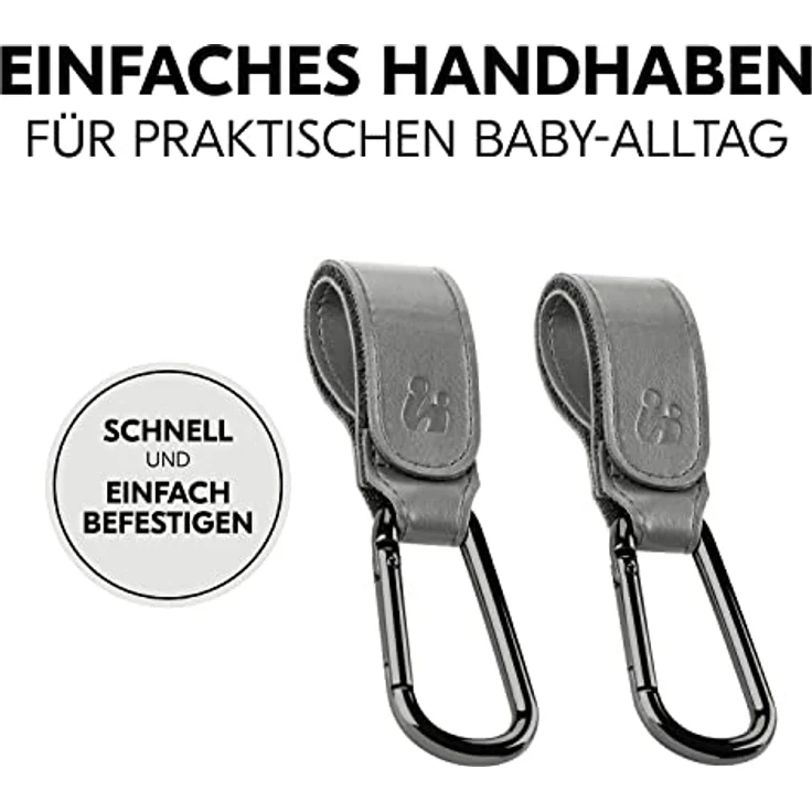 Hauck Kinderwagen Haken für Wickeltaschen - Rucksack Halterung Leder Style, Taschenhalter, Buggy Karabiner, Universale Passform, 2er Packung (Grey) – Bild 5