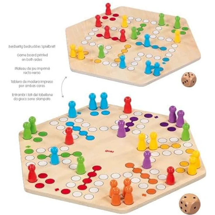 goki Spielesammlung Ludo, beidseitig bedruckt für bis zu 6 Spieler, Holz, klassisches Gesellschaftsspiel für die ganze Familie – Bild 5