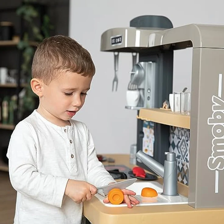 Smoby Tefal Evo Küche, mitwachsende Kinderküche mit Spüle, Herd, Essecke, Wasserhahn und magischer Pancake-Pfanne, viel Zubehör, höhenverstellbar von 50 auf 58 cm – Bild 3