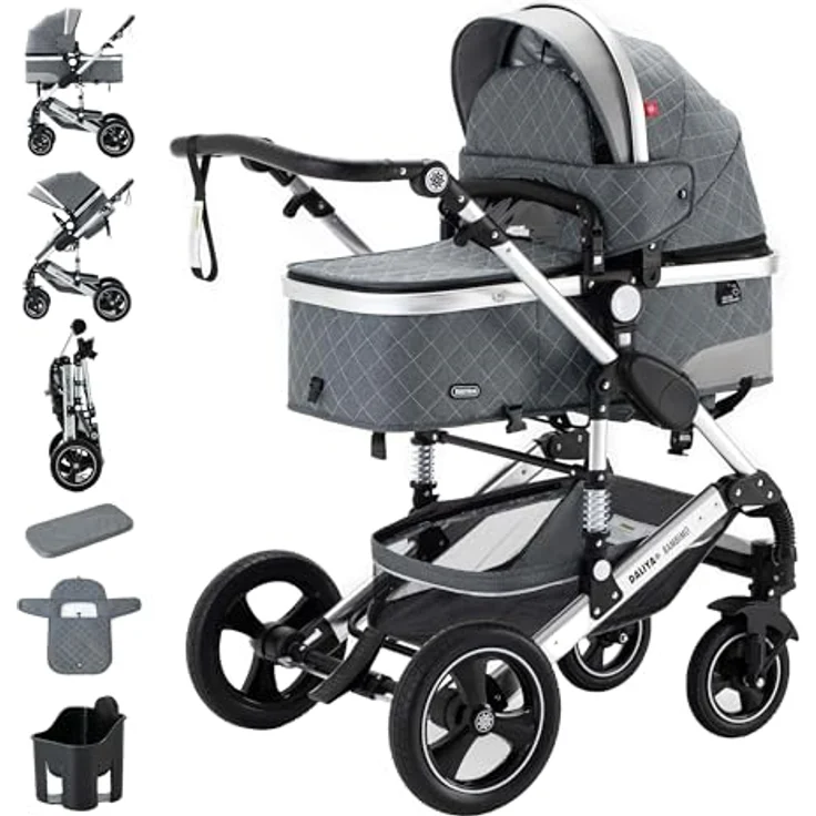 Daliya BAMBIMO 2in1 Kinderwagen & Buggy, grau mit silbernem Rahmen, Babywanne umbaubar zum Sportsitz, UV-Schutz 50+, belüftete Klimazonen, pannensichere Airless Reifen – Bild 1