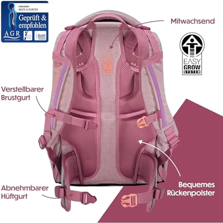 Coocazoo Schulrucksack Mate „Mixed Faded Rose”, ergonomischer & anpassbarer Tornister, höhenverstellbar, mit Brustgurt & Hüftgurt, 30 Liter Volumen, recyceltes Material, ab der 3. Klasse – Bild 4