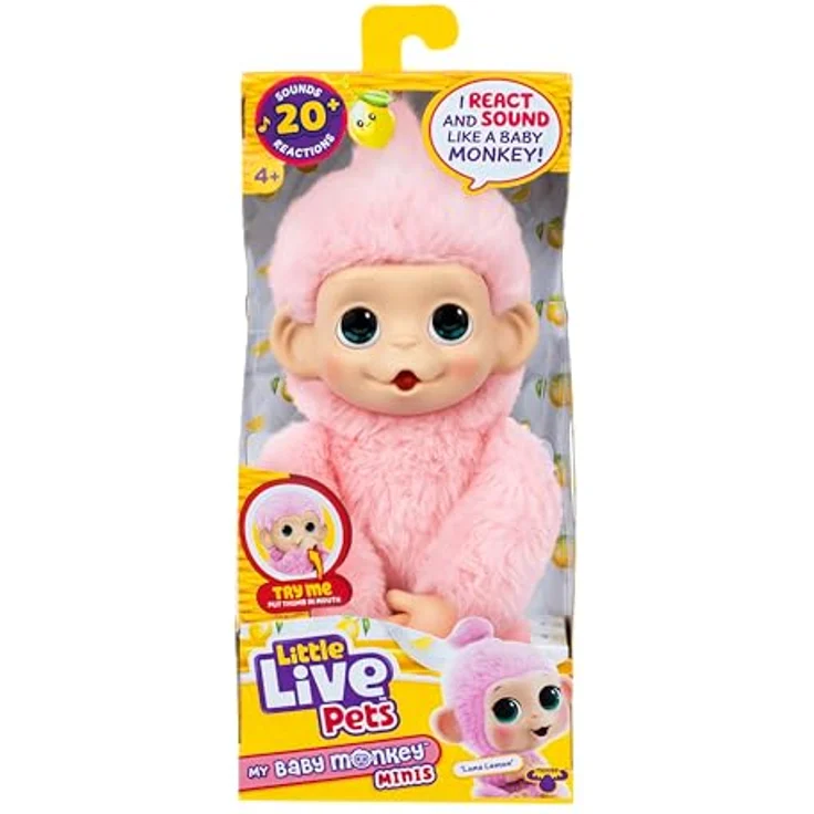 Little Live Pets Baby Monkey Minis Luna Lemon, interaktiver Plüschaffe mit 20+ Geräuschen, 18,8 cm, weiches rosa Fell, griffige Hände & Füße, sammle alle 3 – Bild 1