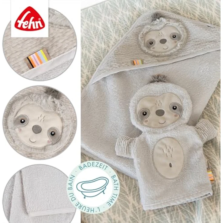 Fehn Kapuzenbadetuch Faultier, Frottee Bade-Poncho mit Kapuze, saugstark & kuschelweich, 80 x 80 cm, für Babys ab 0+ Monaten – Bild 4