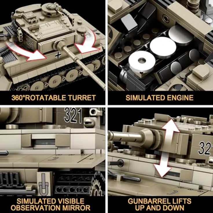 Reobrix Tiger I Tank Bausteine Set 77031, Modellbausatz im Maßstab 1:28, 1138 Teile, autorisiertes World of Tanks Produkt, hoher Spielwert, drehbarer Turm und bewegliches Geschützrohr – Bild 4