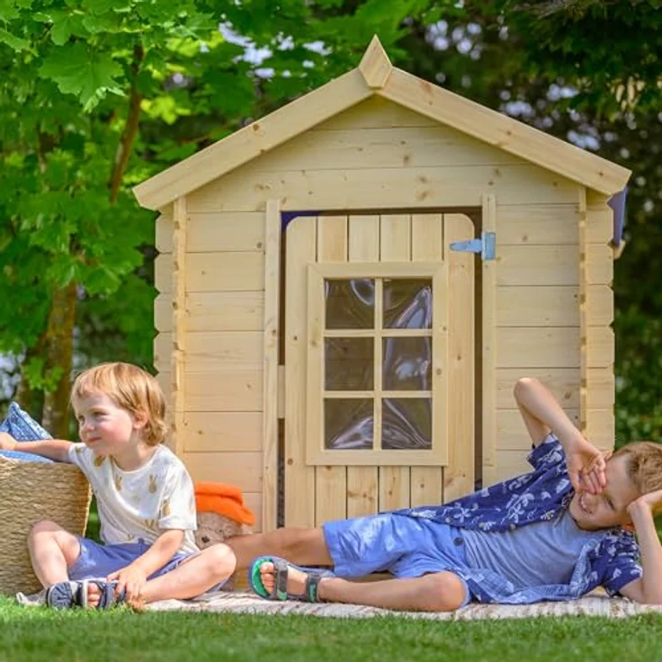 TIMBELA M570R-1 Kinderspielhaus, Holzspielhaus im Freien für Kinder, 111x113xH121 cm, rotes Dach, luftiges Garten-Sommerhaus – Bild 2