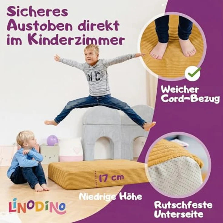 Hüpfpolster Gänseblümchen Gelb mit Federkern, rutschfester Unterseite, Tragegriff und abnehmbarem, waschbarem Cord-Bezug – Bild 2