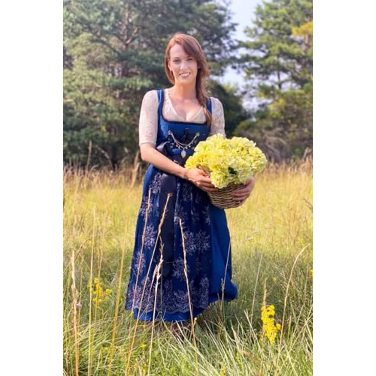 Edelnice Dirndl Josepha, Dirndlkleid mit edlen Paspeln und Charivari, blau – Bild 4