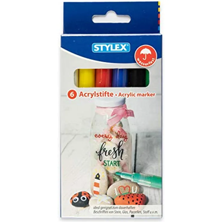 Stylex 32817 - Acrylstifte, 6 Stück, in den Farben gelb, rot, blau, grün, schwarz, weiß, Strichstärkte 1 - 2 mm, in praktischer Faltschachtel, zum dauerhaften Beschriften von Stein, Glas und Stoff