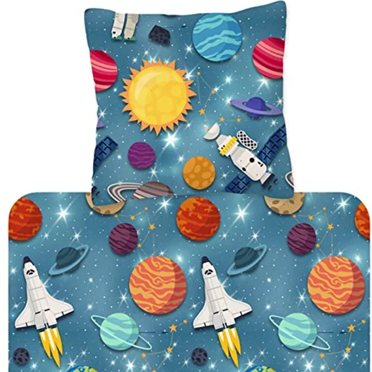 ESPiCO Bettwäsche Trendy Bedding Spaceworld Weltraum Astronaut Rakete Erde Saturn Sterne Flanell, 135 cm x 200 cm, für Kinder und Jugendliche in blau – Bild 2