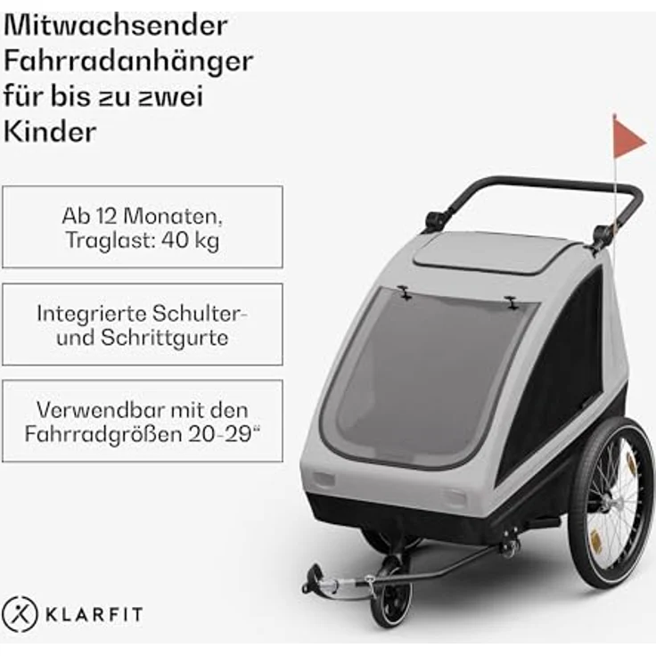 KLARFIT Fahrradkinderanhänger GoKiddo Fahrradanhänger, 2 Kinder, klappbar, UV-schutz, wasserabweisend, Stahl 20-29" – Bild 2