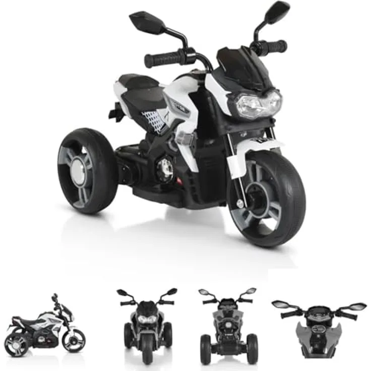 Moni Kinder Elektromotorrad Colombo, Scheinwerfer, zwei Motoren, MP3, bis 7 km/h, Farbe: weiß Uni