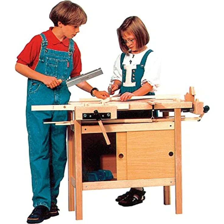 ANKE Kinderhobelbank Modell 40, nachhaltige Werkbank mit gewachster Buchenholzplatte, höhenverstellbar 640-750 mm, inkl. 8 Holzbankhaken, Naturbelassen, 920 x 540 mm – Bild 2