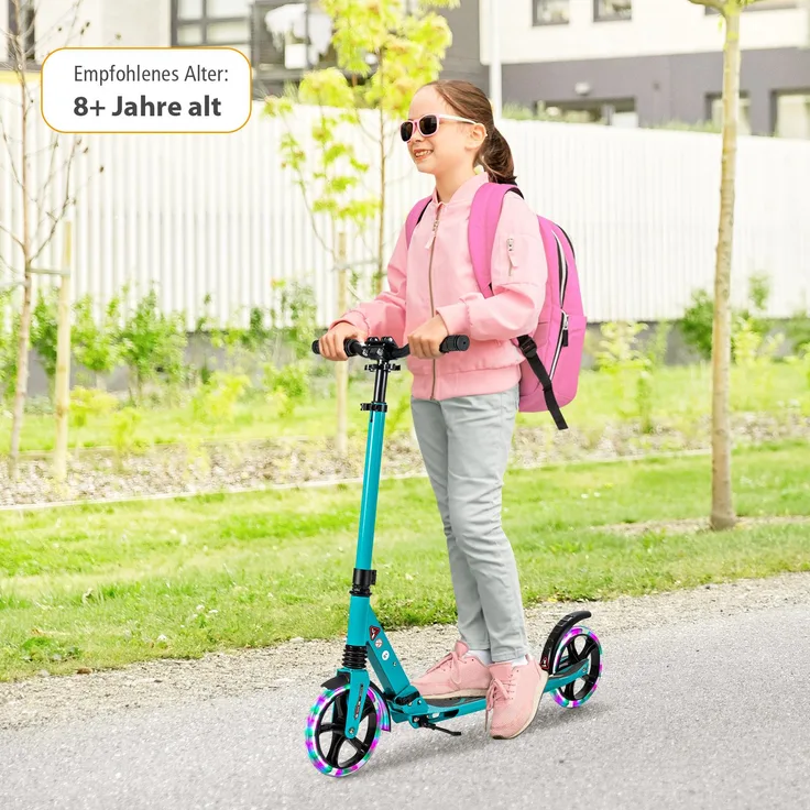 COSTWAY Klappbarer Kinder Roller, höhenverstellbar mit Tragegurt, Ständer und LED-Leuchten, bis 100kg belastbar, verfügbar in Schwarz/Blau/Rosa/Türkis