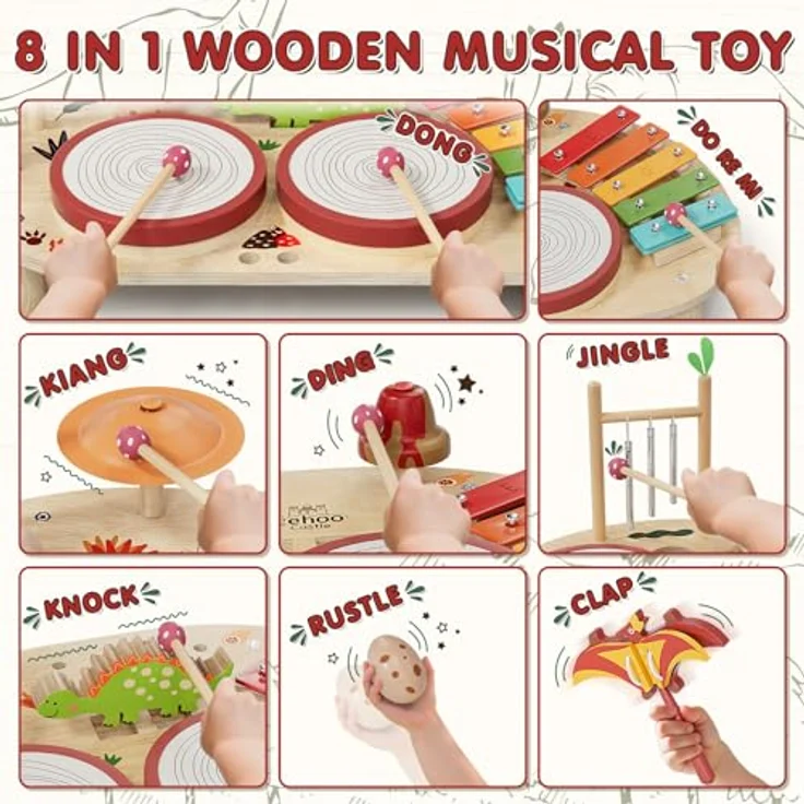 Lehoo Castle Holz Montessori Musikinstrumente Set, 8-teiliges Kinder Schlagzeugset mit Xylophon, Trommel, Windspiel und mehr, ab 3 Jahre – Bild 2