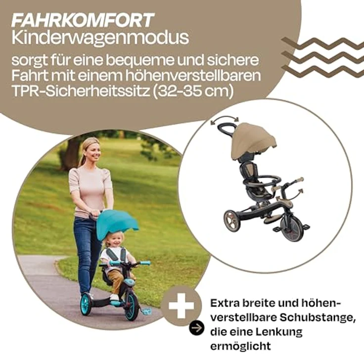 Globber Explorer Trike 4in1 Pro in Sand – Kinderfahrzeug mit höhenverstellbarem Sitz, UV-Sonnenschutz und Sicherheitsgurt – Bild 5