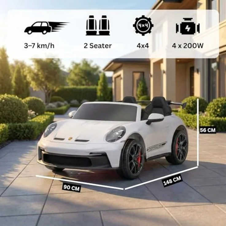 Beneo Motors Elektrisches Kinderauto Porsche 911 GT3, 24V mit 4x4-Antrieb, zwei Sitzen, 2,4-GHz-Fernbedienung, USB/AUX-Eingang, 200W-Motoren, Federung, Lithium-Batterie, LED-Leuchten, weiß – Bild 3