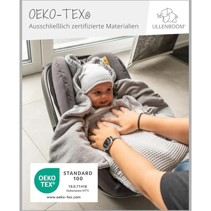 ULLENBOOM Einschlagdecke Babyschale Sommer, 100% OEKO-TEX Material, grau, für gängige Kindersitze, ideal für 0 bis 9 Monate – Bild 2