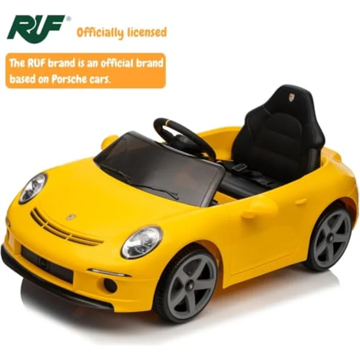 Porsche RUF GT Kinder Elektro Auto, 12V, für 1-5 Jahre, mit Fernbedienung, gelb, MP3-Player, Sicherheitsgurt, Weiche EVA-Reifen – Bild 4