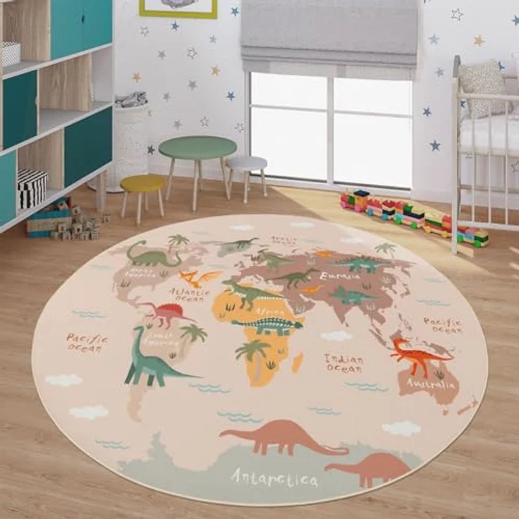 TT Home Kinderteppich, rutschfester Babyzimmerteppich mit Weltkarte und Tiermotiven, rund 160 cm, grün-beige-braun, 100% Polyester – Bild 1