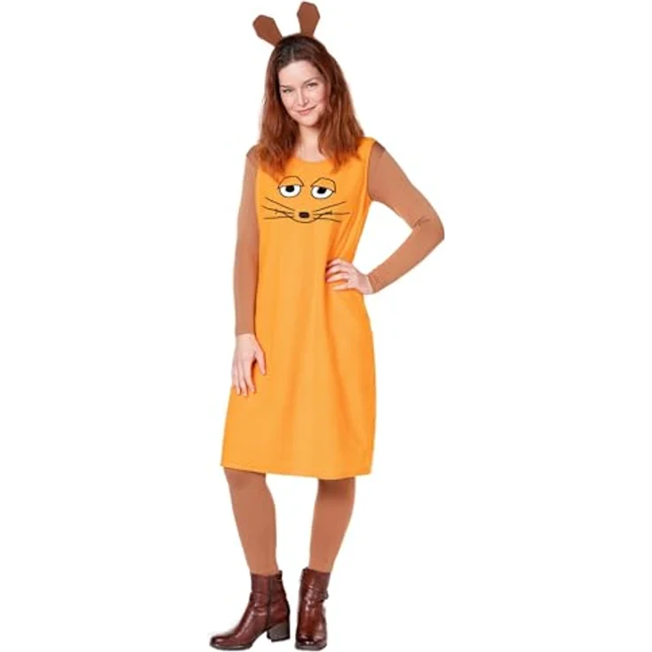 Maskworld Die Sendung mit der Maus - Maus Kleid (XXL), orange, ärmellos mit Maus-Gesicht Aufdruck, inkl. Haarreifen mit Mausohren – Bild 3