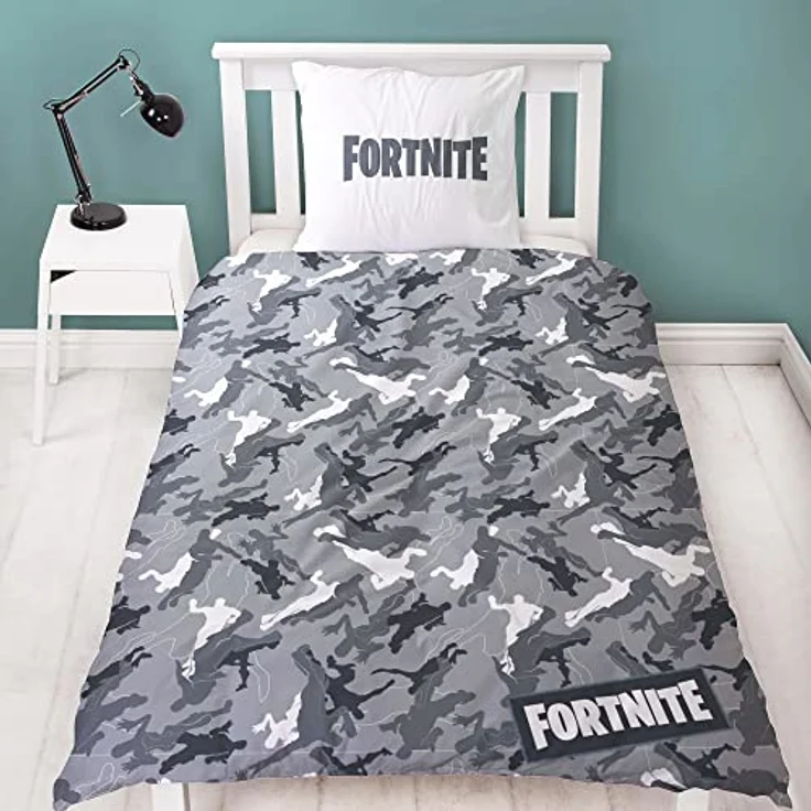 BERONAGE Fortnite Wende-Bettwäsche Grey 135 x 200 cm + 80 x 80 cm 100% Baumwolle Renforcé-Linon-Qualität Kinderbettwäsche Battle Royale Loot Lama Dance Lake Salty Tilted Skins 2 Motive Reißverschluss - Bettwäsche für Kinderzimmer in hochwertiger Baumwollqualität – Bild 2