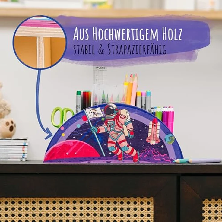 WAGOMA® Stiftehalter Kinder Astronaut, 5 Fächer, robust & langlebig, Schreibtisch Organizer mit farbenfrohem Astronauten-Motiv für Kinderzimmer – Bild 2
