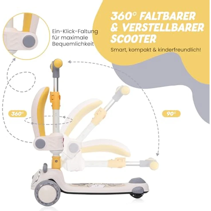 Habib Gruppe Kinderroller Tretroller 3-in-1 Faltbar mit Sitz, LED-Rädern, Verstellbar & Leicht für Kinder (1-12 Jahre) - Grau – Bild 5