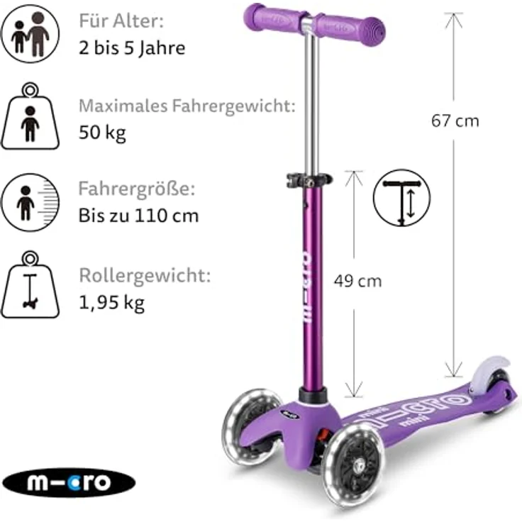 Micro Miniscooter mini micro deluxe LED, höhenverstellbare Lenkstange, Anti-Rutschbelag, eloxierter Lenker, LED-Rollen für Kids ab 2 Jahren – Bild 2