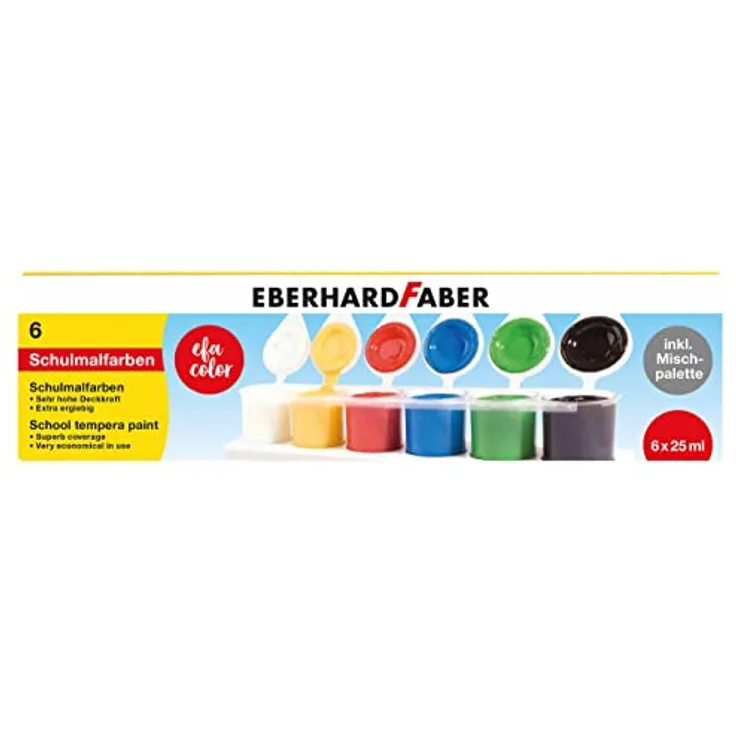 Eberhard Faber 575506 EFA Color, Tempera-Malset mit 6 Farben à 25 ml und Mischpalette, farbintensiv und lichtecht