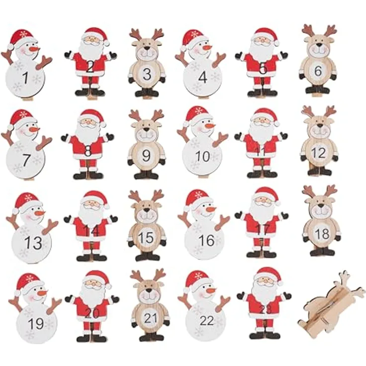 VBS Adventszahlen Drei Freunde 24 Stk. Adventskalender-Zahlen, einseitig dekoriert, 4.0 cm, Sperrholz, Adventsdekoration, liebevoll gestaltet mit Motiven: Schneemann, Weihnachtsmann, Rentier
