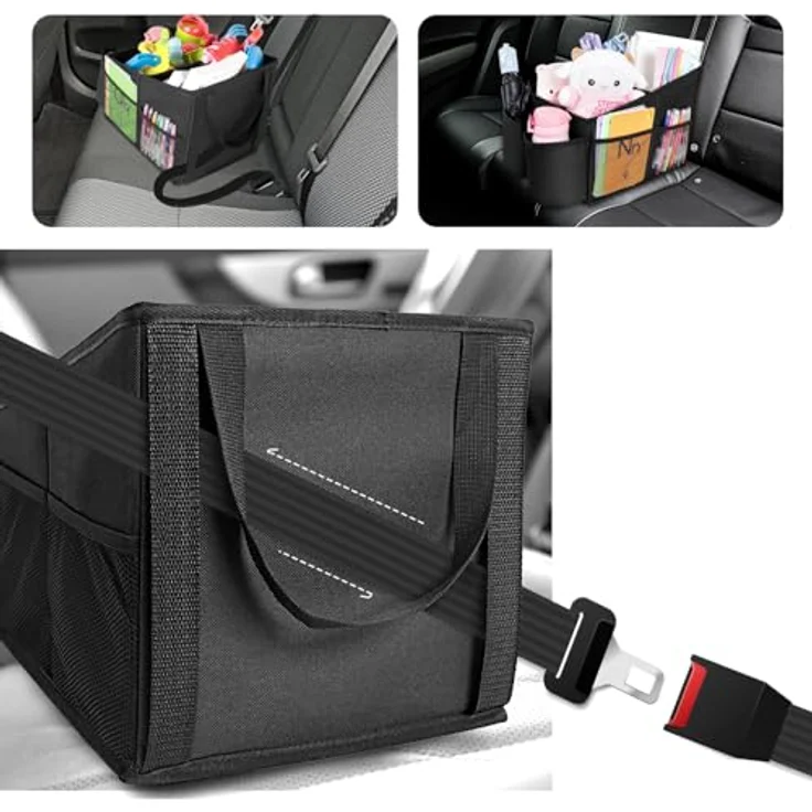 AiQInu Autositz Organizer, praktische Aufbewahrungsbox für Kinder mit 3 DIY-Fächern, 4 Netztaschen und 2 Becherhaltern, wasserdicht und faltbar, für Vorderen Rücksitz und Kofferraum, schwarz – Bild 3